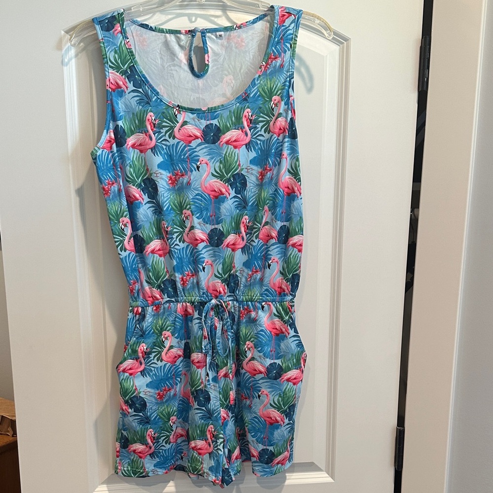 NWOT - Flamingo Print Women’s Romper with pockets - Blue and Pink- Medium